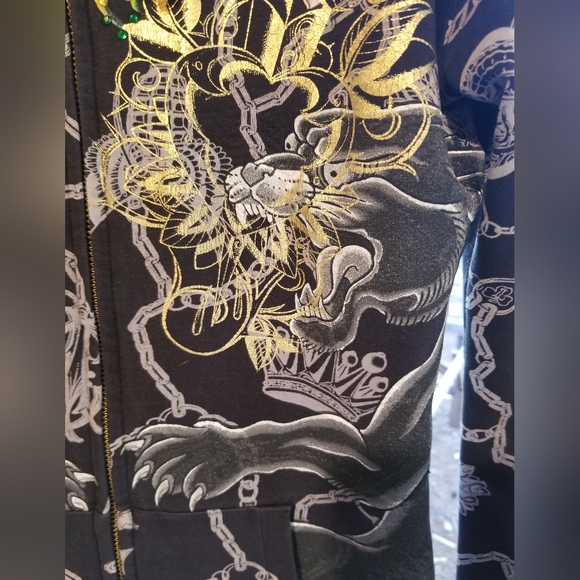 Small Christian Audigier Hoodie zip up Sweatshirt top Ladies Panther Black Gold - Picture 11 of 16